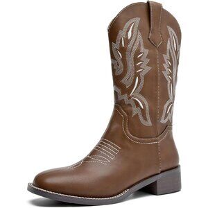 kkdom Women Brown Cowboy Square Toe Western Cowgirl Mid Calf Boot